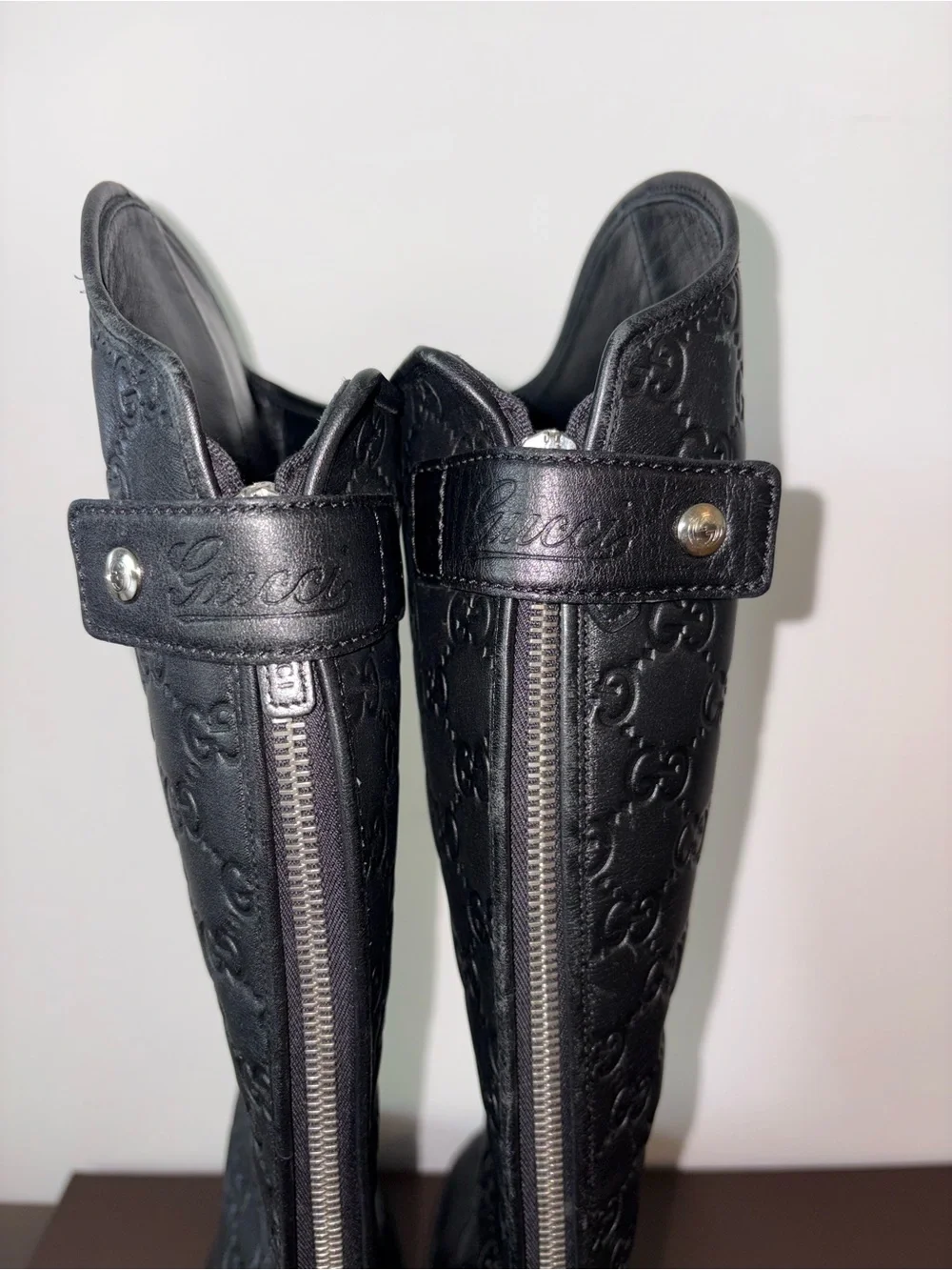 of Gucci Black Guccissima Soft Leather Knee-High Riding Boots Embossed GG